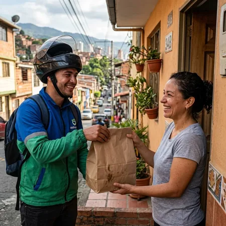 Repartidor local entregando pedidos de ofertas diarias en Medellín