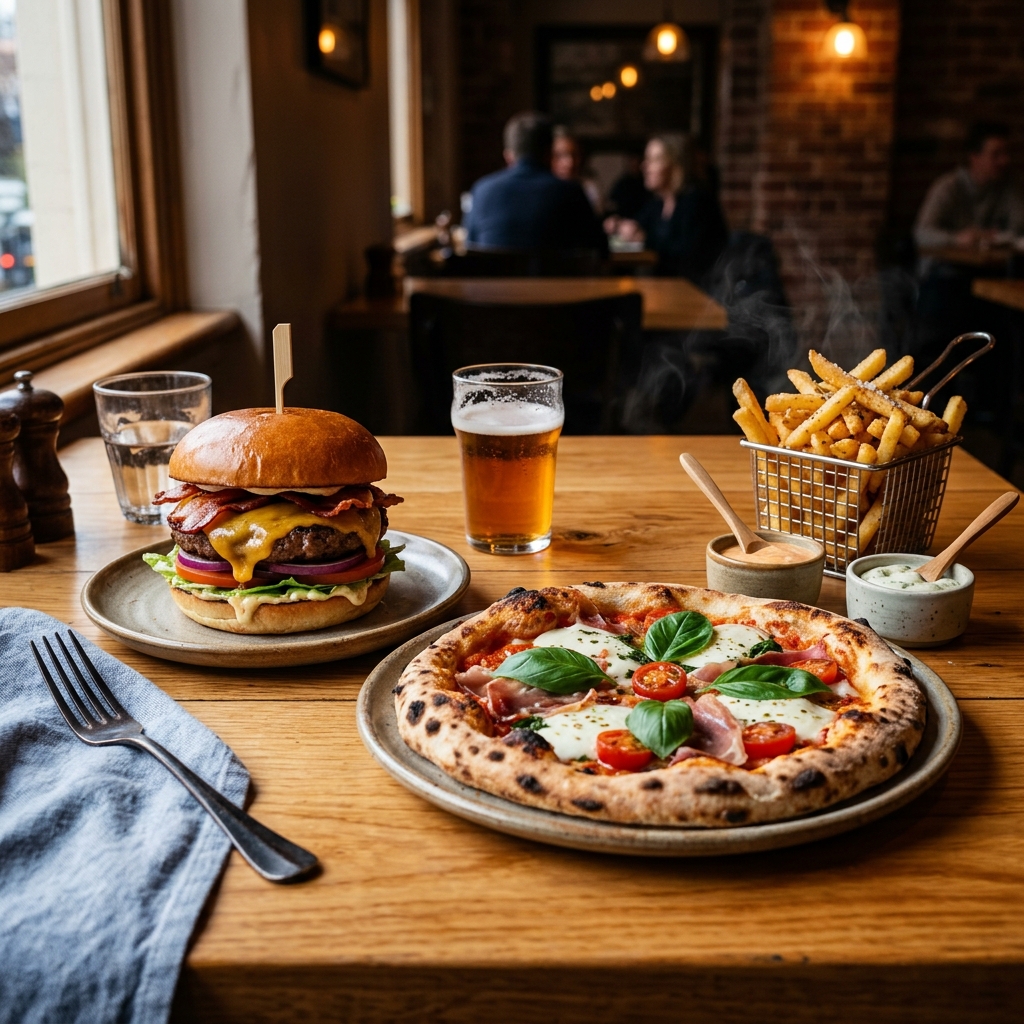Fotografía hiperrealista de pizza, hamburguesas y cena nocturna a domicilio en Medellín
